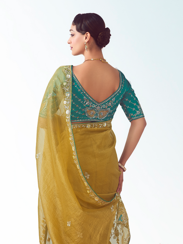 Mustard Yellow Embroidered Designer Tissue Silk Saree With Contrast Blouse
