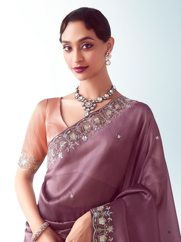 Mauve Purple Embroidered Designer Satin Silk Saree With Contrast Blouse
