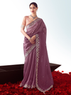 Mauve Purple Embroidered Designer Satin Silk Saree With Contrast Blouse