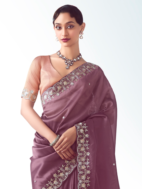 Mauve Purple Embroidered Designer Satin Silk Saree With Contrast Blouse