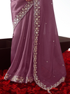 Mauve Purple Embroidered Designer Satin Silk Saree With Contrast Blouse