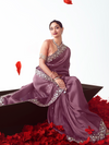 Mauve Purple Embroidered Designer Satin Silk Saree With Contrast Blouse