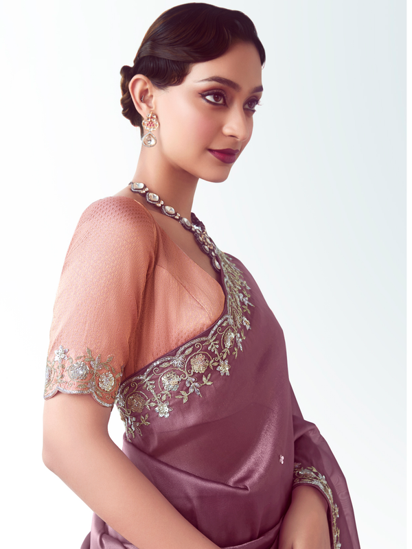 Mauve Purple Embroidered Designer Satin Silk Saree With Contrast Blouse