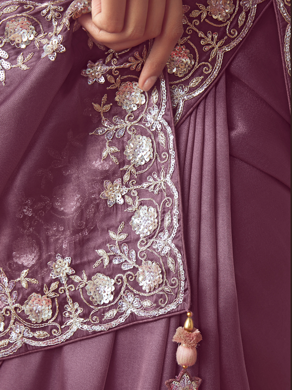 Mauve Purple Embroidered Designer Satin Silk Saree With Contrast Blouse