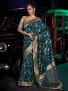 Peacock Blue Banarasi Satin Silk Saree With Contrast Blouse