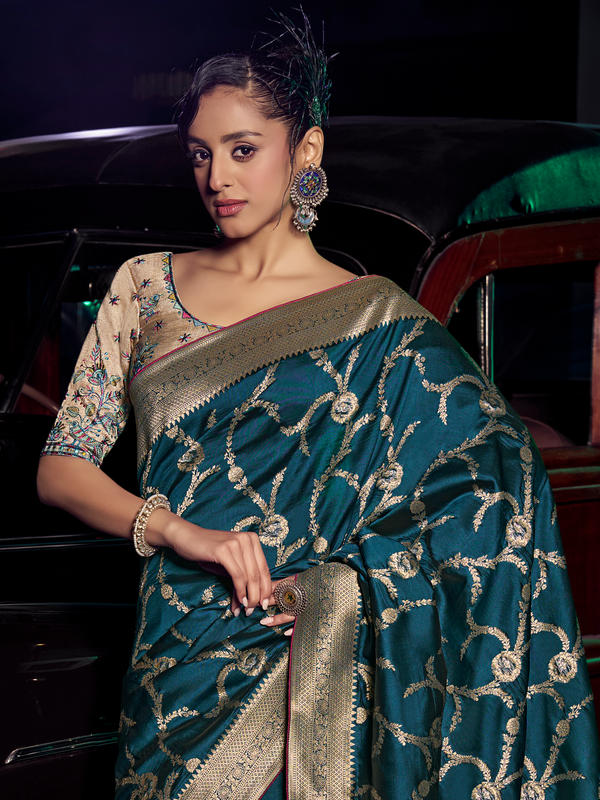 Peacock Blue Banarasi Satin Silk Saree With Contrast Blouse