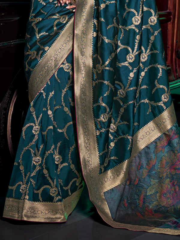Peacock Blue Banarasi Satin Silk Saree With Contrast Blouse