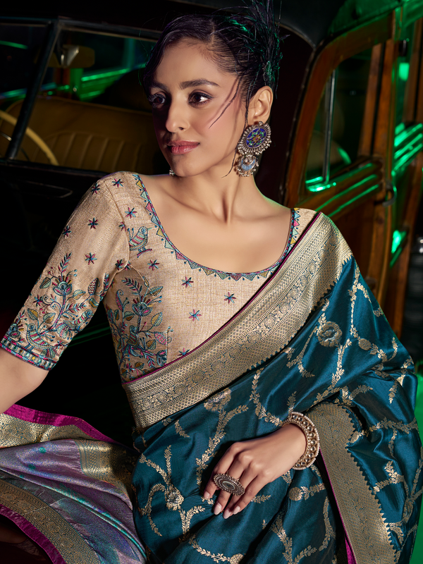 Peacock Blue Banarasi Satin Silk Saree With Contrast Blouse