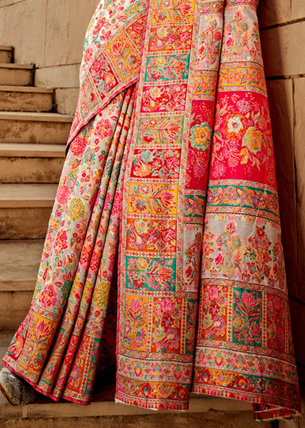 Ivory White Kashmiri Jamawar Silk Saree