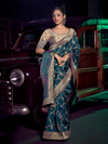Peacock Blue Banarasi Satin Silk Saree With Contrast Blouse