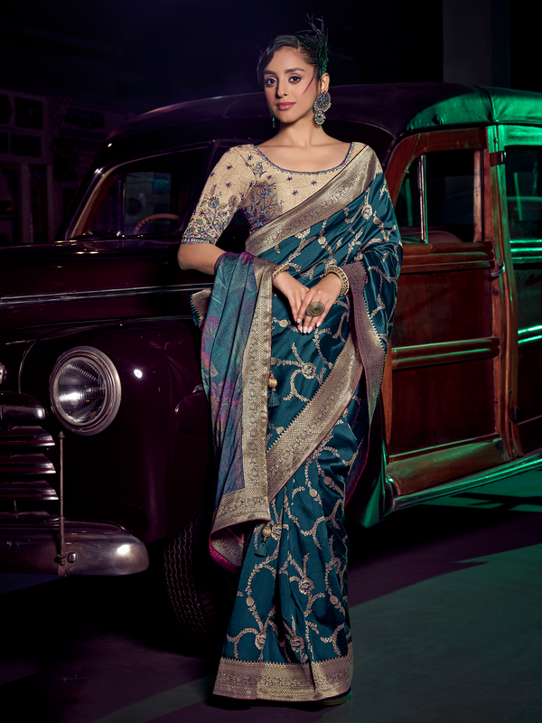 Peacock Blue Banarasi Satin Silk Saree With Contrast Blouse