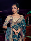 Peacock Blue Banarasi Satin Silk Saree With Contrast Blouse