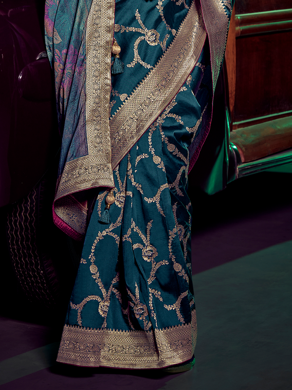Peacock Blue Banarasi Satin Silk Saree With Contrast Blouse