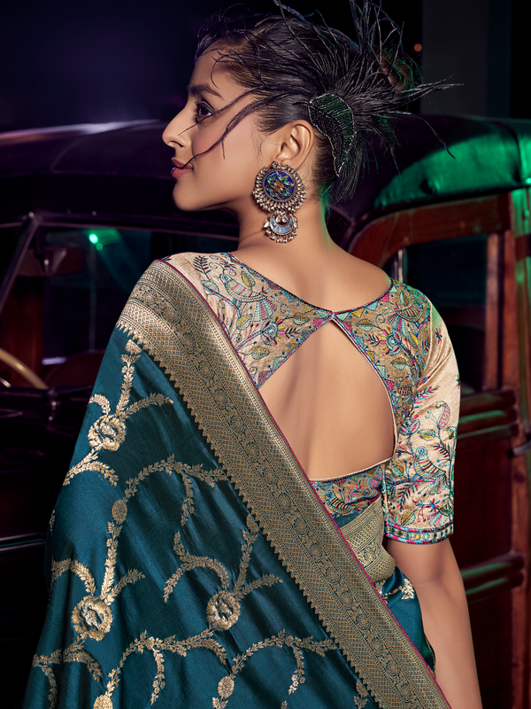 Peacock Blue Banarasi Satin Silk Saree With Contrast Blouse