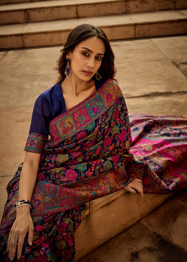 Deep Navy Kashmiri Jamawar Silk Saree