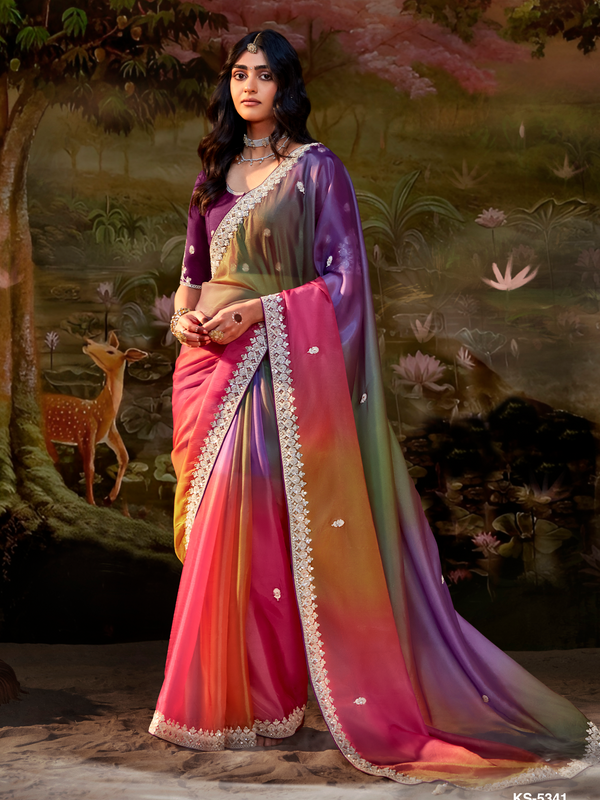 Multicolor Embroidered Designer Organza Silk Saree With Contrast Blouse