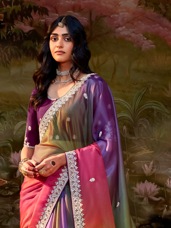 Multicolor Embroidered Designer Organza Silk Saree With Contrast Blouse