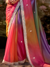Multicolor Embroidered Designer Organza Silk Saree With Contrast Blouse