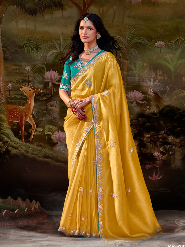 Mustard Yellow Embroidered Designer Organza Silk Saree With Contrast Blouse