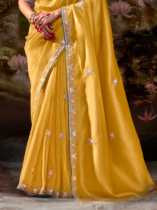 Mustard Yellow Embroidered Designer Organza Silk Saree With Contrast Blouse