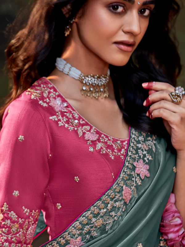 Steel Grey Embroidered Designer Organza Silk Saree With Contrast Blouse
