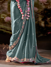 Steel Grey Embroidered Designer Organza Silk Saree With Contrast Blouse