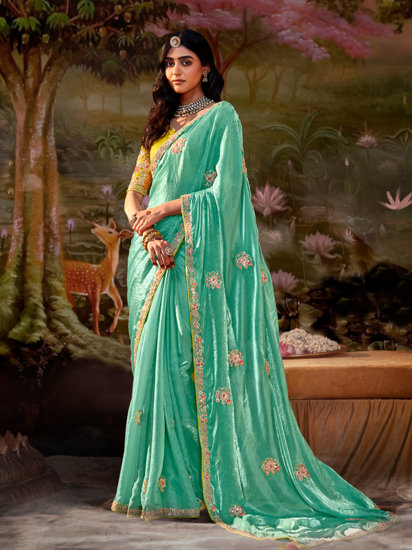 Sea Green Embroidered Designer Organza Silk Saree With Contrast Blouse