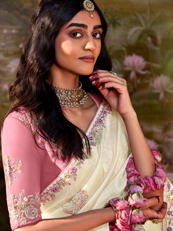 Ivory Embroidered Designer Organza Silk Saree With Contrast Blouse
