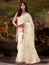 Ivory Embroidered Designer Organza Silk Saree With Contrast Blouse