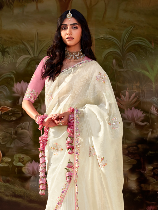 Ivory Embroidered Designer Organza Silk Saree With Contrast Blouse