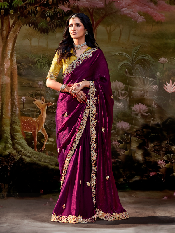 Wine Embroidered Designer Organza Silk Saree With Contrast Blouse