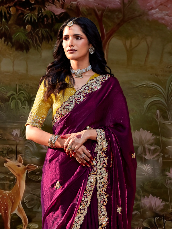 Wine Embroidered Designer Organza Silk Saree With Contrast Blouse