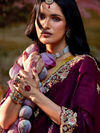 Wine Embroidered Designer Organza Silk Saree With Contrast Blouse