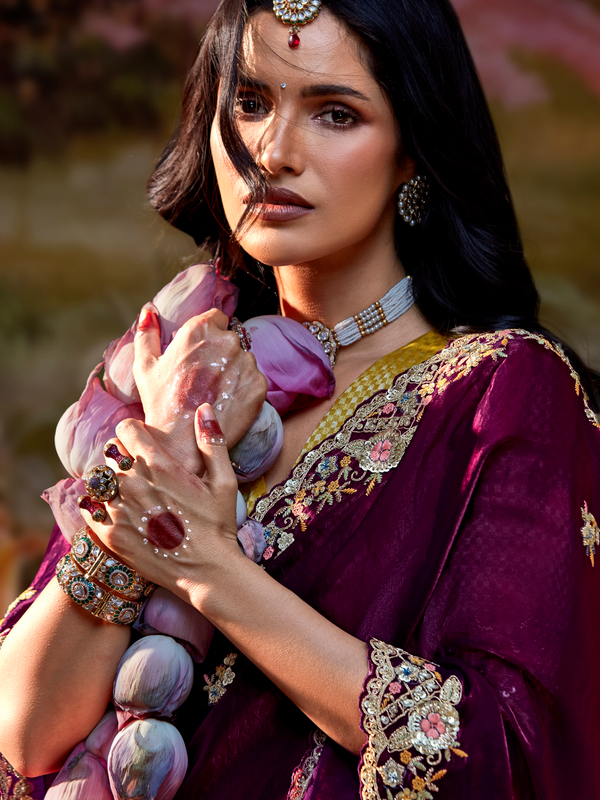 Wine Embroidered Designer Organza Silk Saree With Contrast Blouse