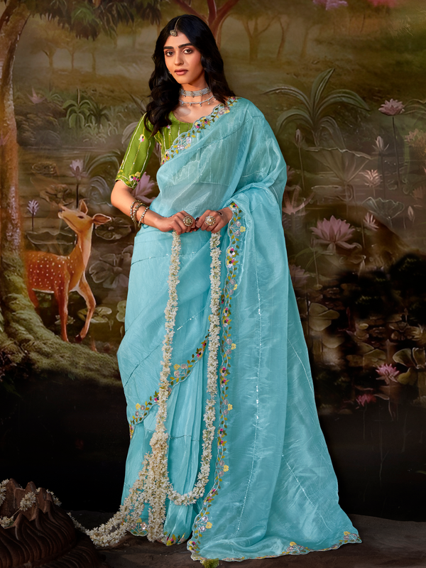 Powder Blue Embroidered Designer Organza Silk Saree With Contrast Blouse