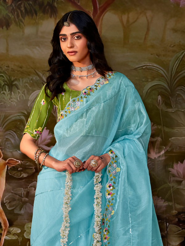 Powder Blue Embroidered Designer Organza Silk Saree With Contrast Blouse