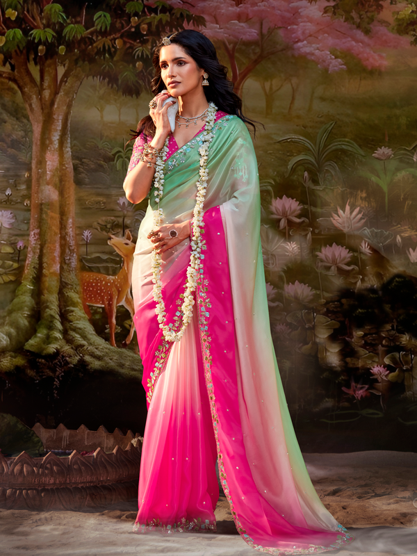 Pink Embroidered Designer Organza Silk Saree With Contrast Blouse