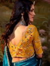 Teal Blue Embroidered Designer Organza Silk Saree With Contrast Blouse