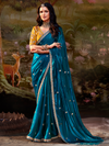 Teal Blue Embroidered Designer Organza Silk Saree With Contrast Blouse