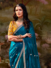 Teal Blue Embroidered Designer Organza Silk Saree With Contrast Blouse