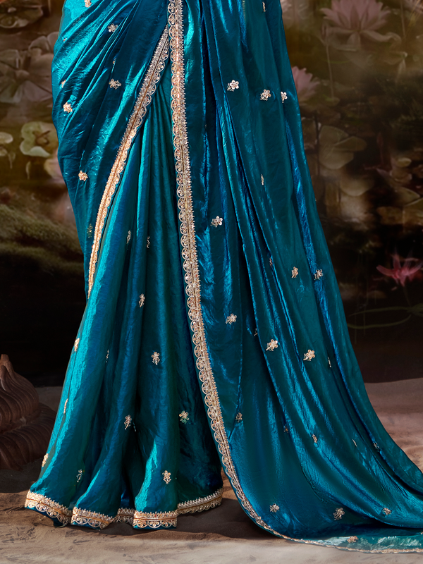 Teal Blue Embroidered Designer Organza Silk Saree With Contrast Blouse