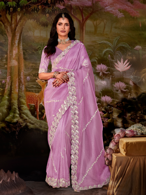 Lilac Embroidered Designer Organza Silk Saree