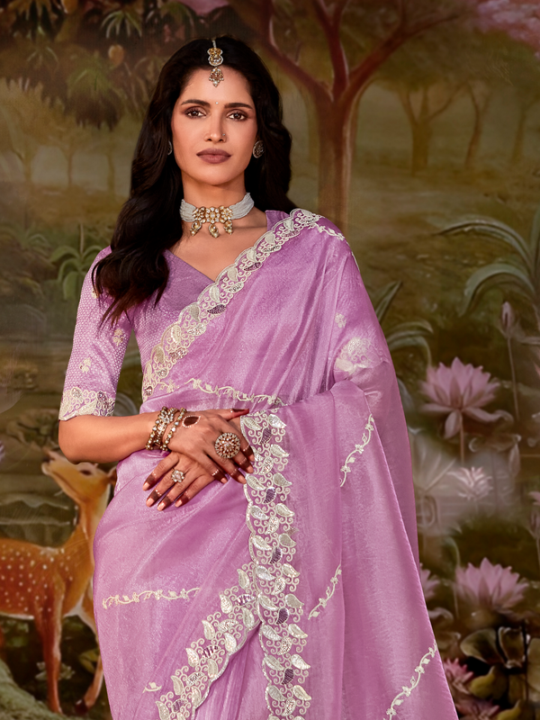 Lilac Embroidered Designer Organza Silk Saree