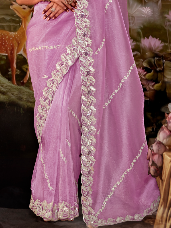 Lilac Embroidered Designer Organza Silk Saree