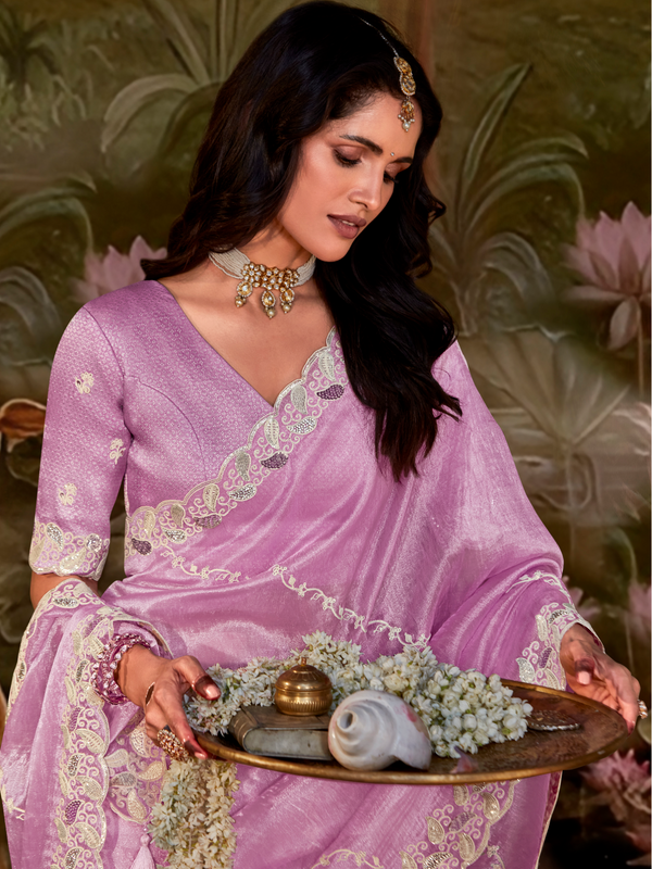 Lilac Embroidered Designer Organza Silk Saree