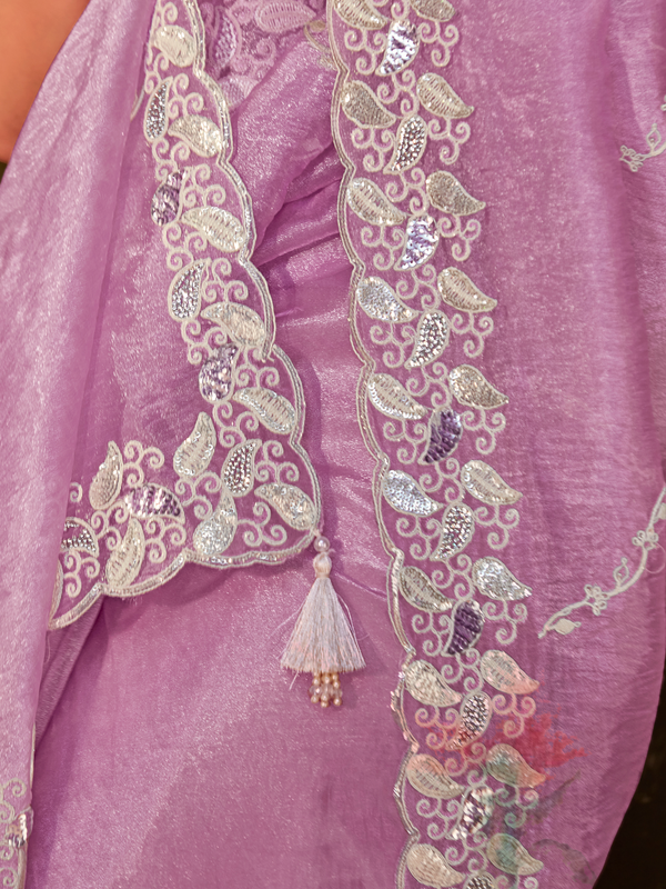Lilac Embroidered Designer Organza Silk Saree