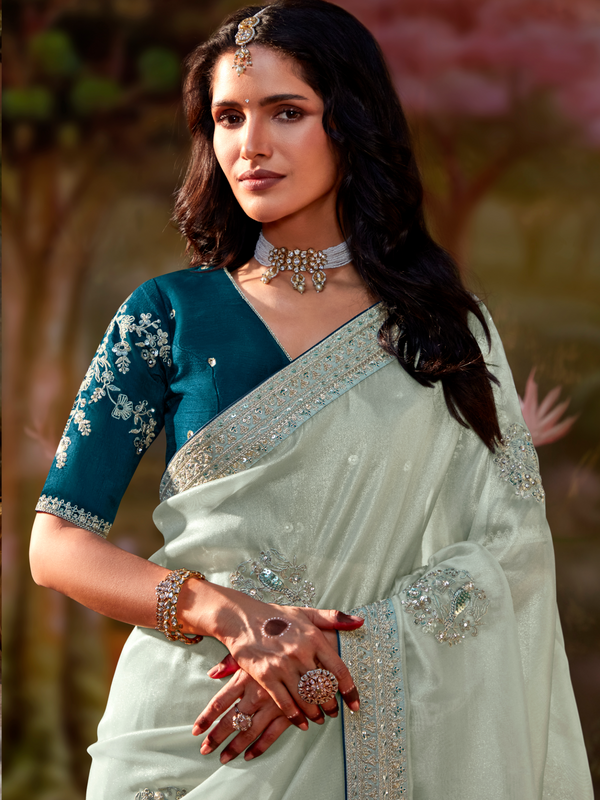 Mint Green Embroidered Designer Organza Silk Saree With Contrast Blouse
