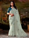 Mint Green Embroidered Designer Organza Silk Saree With Contrast Blouse