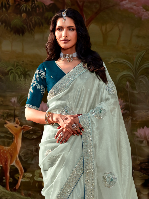 Mint Green Embroidered Designer Organza Silk Saree With Contrast Blouse