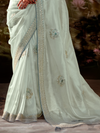 Mint Green Embroidered Designer Organza Silk Saree With Contrast Blouse